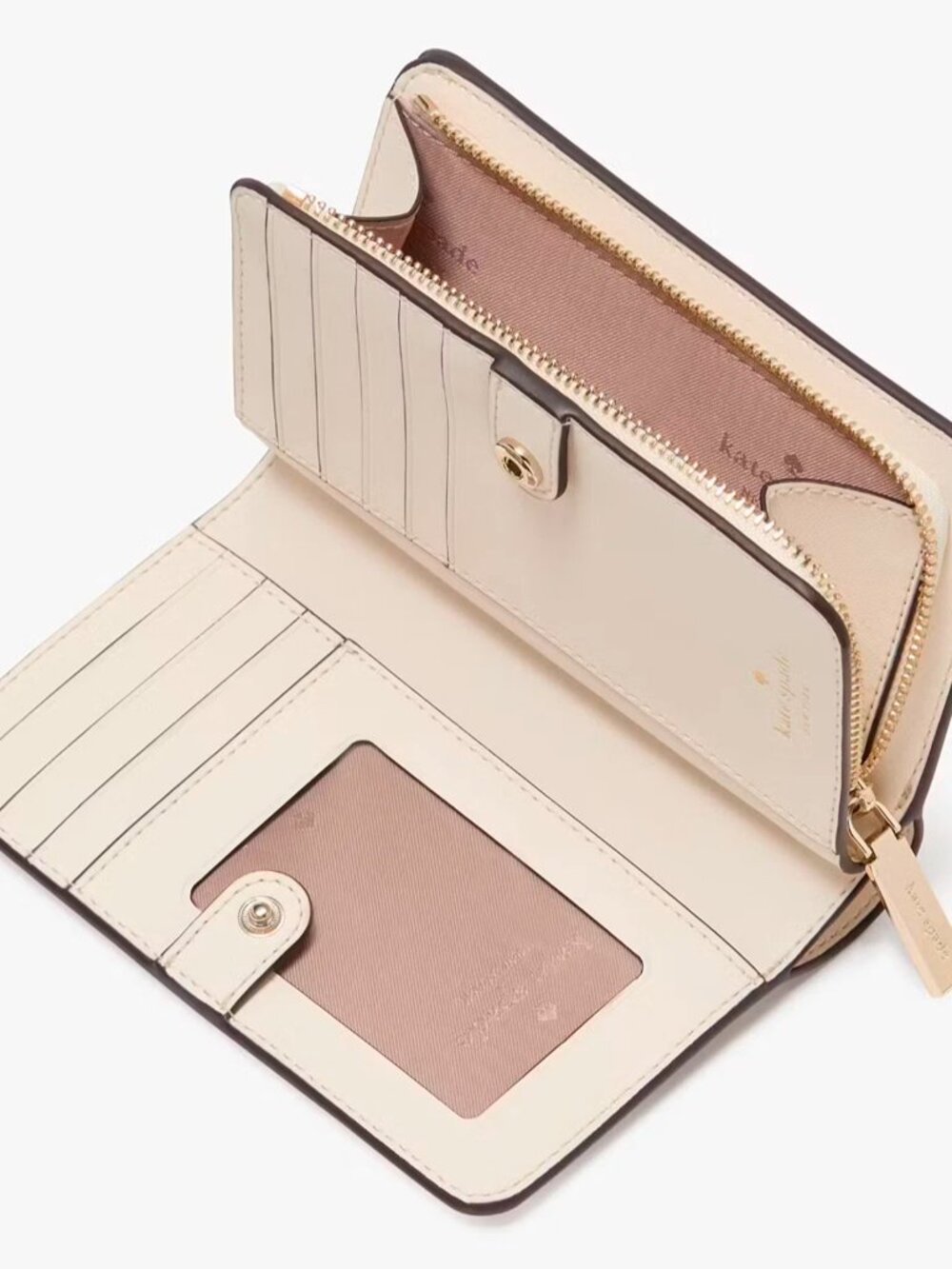 S Kate Spade Lena Medium Bifold Wallet Beige Pebbled Leather KI834 NWT $199 - Picture 4 of 5
